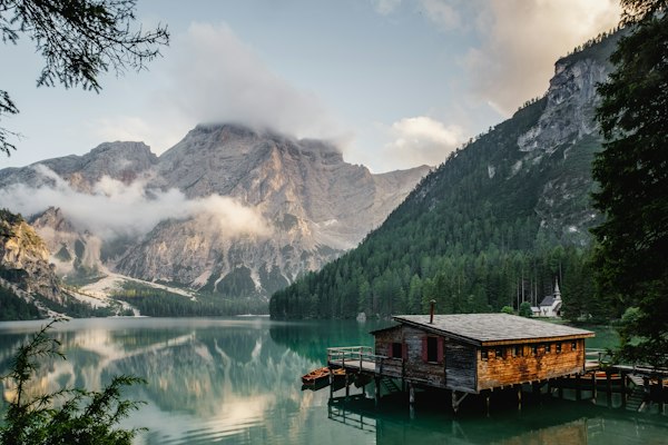 Cabin by lake at autumn